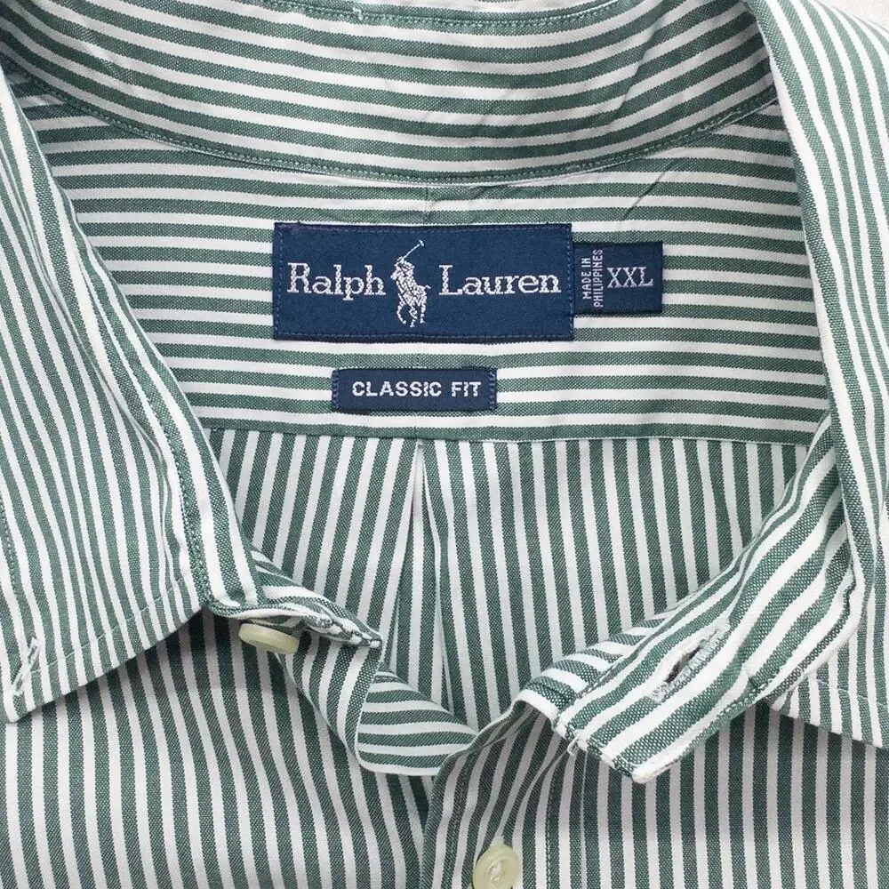 Ralph Lauren Bengal Striped Shirt Mens XXL Hunter Green White Classic Fit Cotton